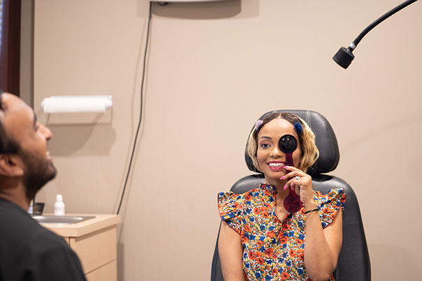 Woman getting an eye exam for low vision at Somerset in New Jersey